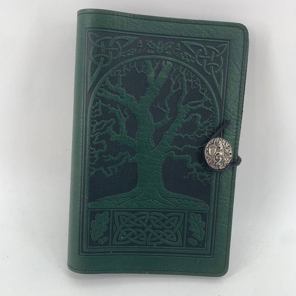 Oberon Design Tree of Life Leather Journal Cover Green Celtic Knot Pewter Button